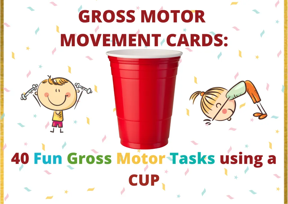 Cover: gross motor movement cards with 40 tasks using a red plastic cup, shown with a cartoon child lifting weights