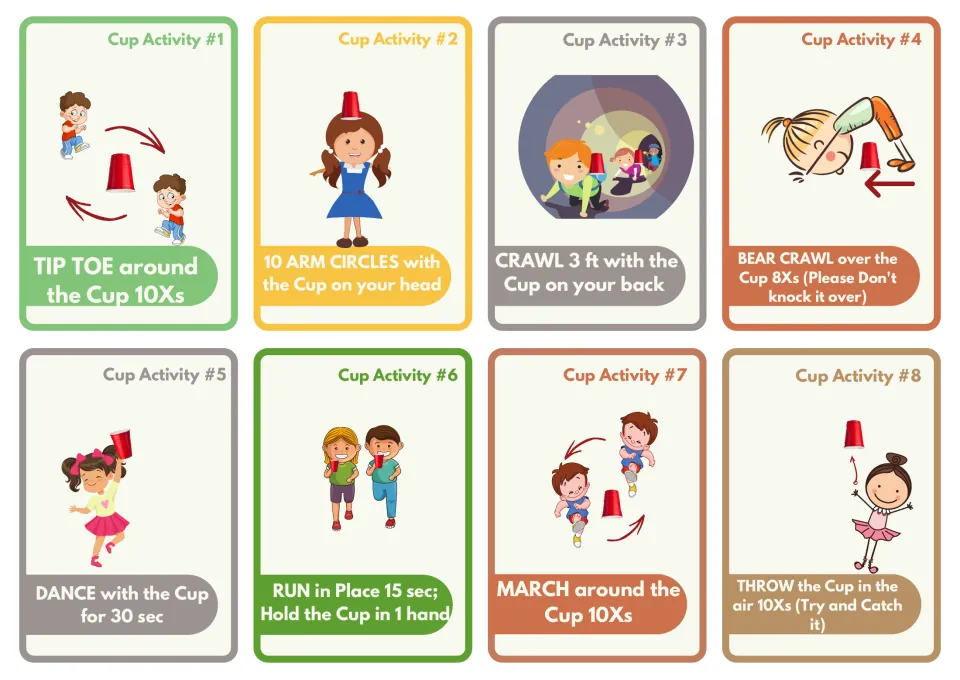 Cup activity cards 1-8: students tiptoe and march around a cup, crawl, bear crawl, dance, run in place and toss the cup