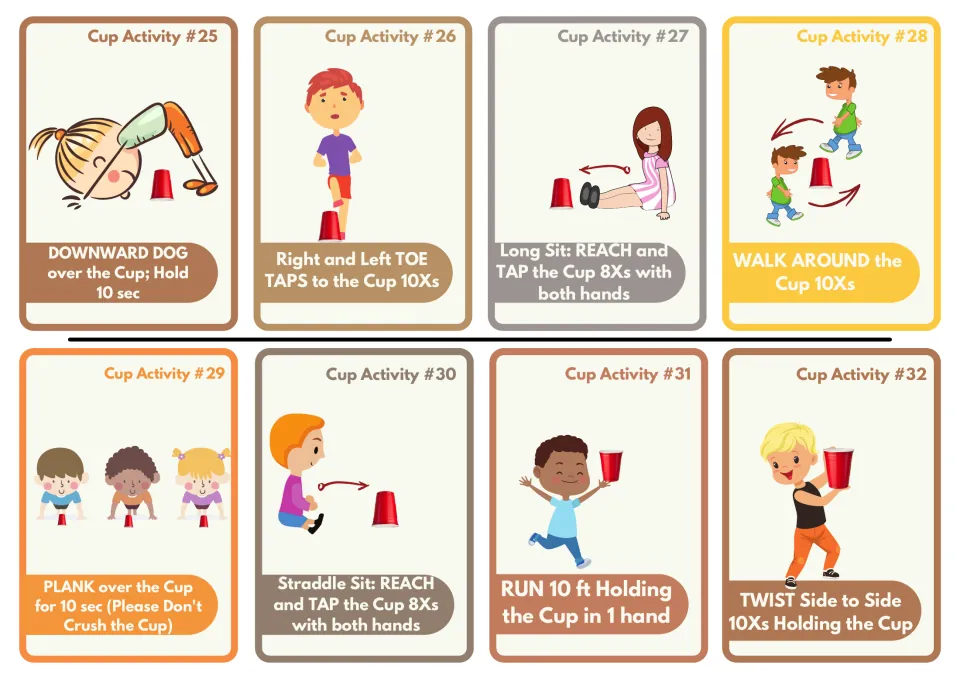 Cup activity cards 25-32: students do downward dog, toe taps, seated reaches, planks, running and twists with a cup