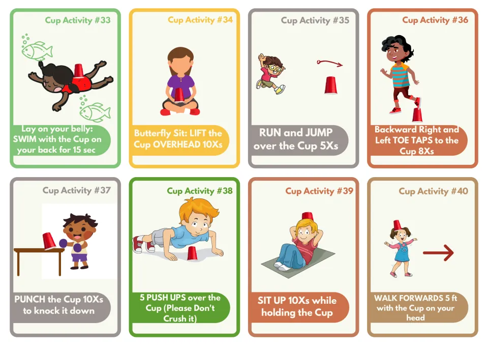 Cup activity cards 33-40: students swim on their belly, lift overhead, jump, punch, do push-ups and sit-ups with a cup