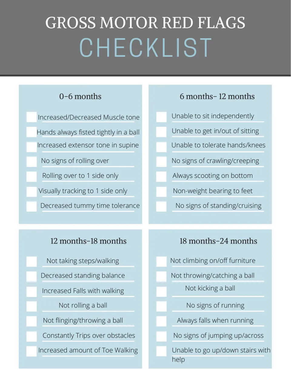 Checklist for ages 0–24 months: 28 gross motor red flags covering rolling, sitting, walking, and running.