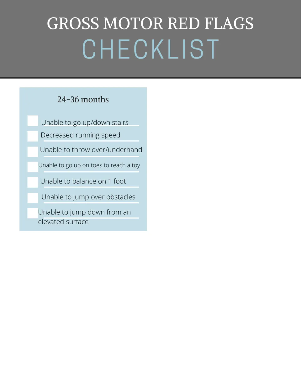 Checklist for ages 24–36 months: seven red flags covering stairs, running, throwing, balance, and jumping.