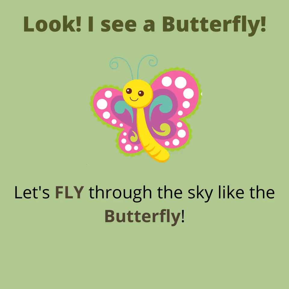 Butterfly movement page: "Look! I see a Butterfly!" Children FLY through the sky, flapping like the pink butterfly