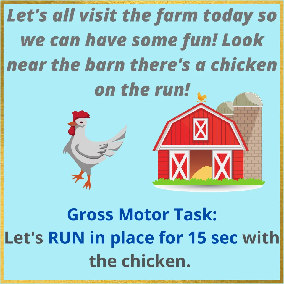 Farm visit opener: a rhyme about a chicken on the run by the red barn; students run in place for 15 seconds with the chicken