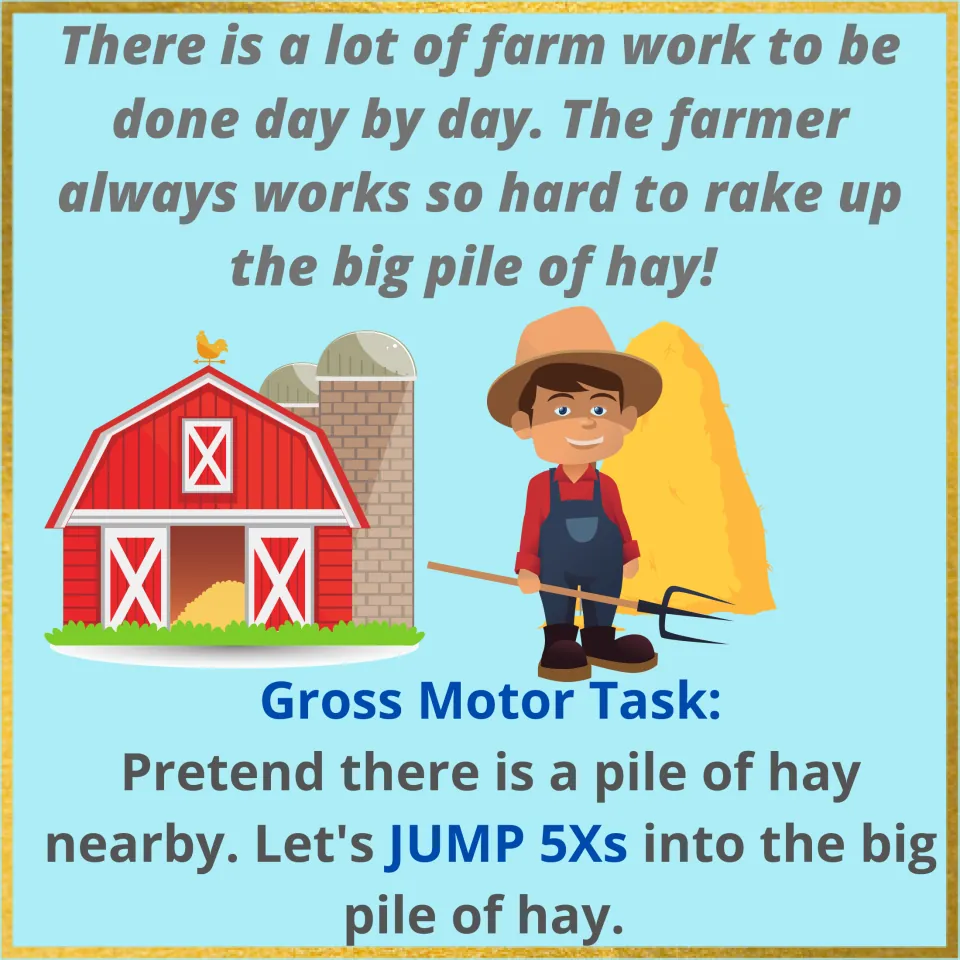 Hay pile page: a rhyme about the farmer raking hay beside the barn; children jump 5 times into a pretend big pile of hay