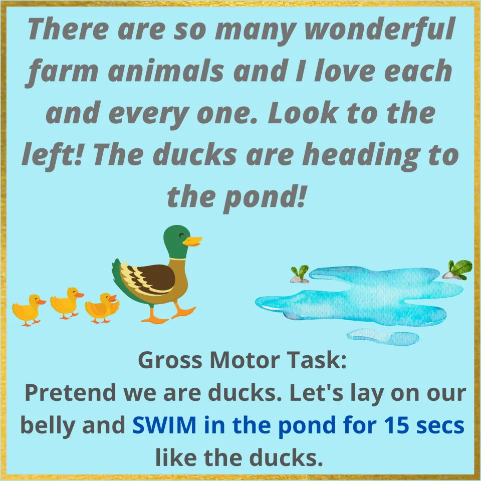 Duck pond page: a rhyme about ducklings heading to the pond; children lie on their bellies and swim for 15 seconds