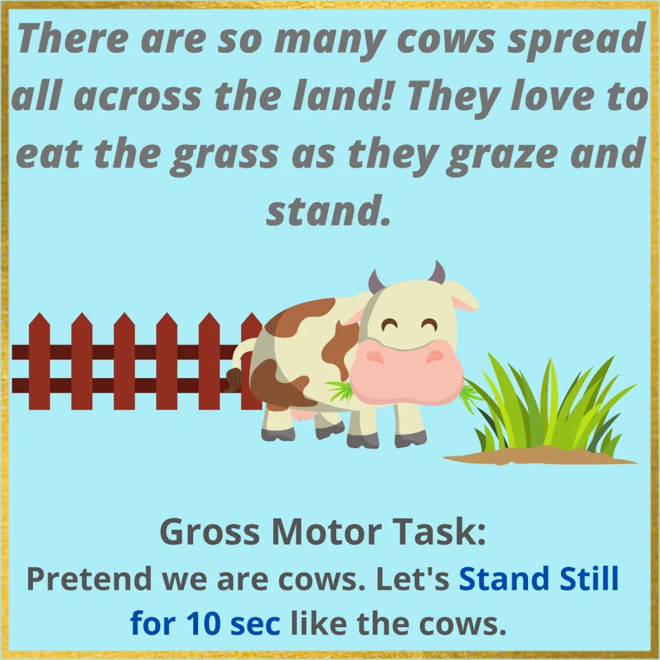 Grazing cow page: a rhyme about cows eating grass across the land; children stand still like cows for 10 seconds