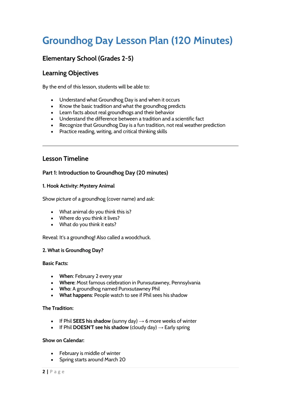 Lesson objectives and Part 1 introduce February 2, Punxsutawney Phil, shadow traditions, and calendar facts