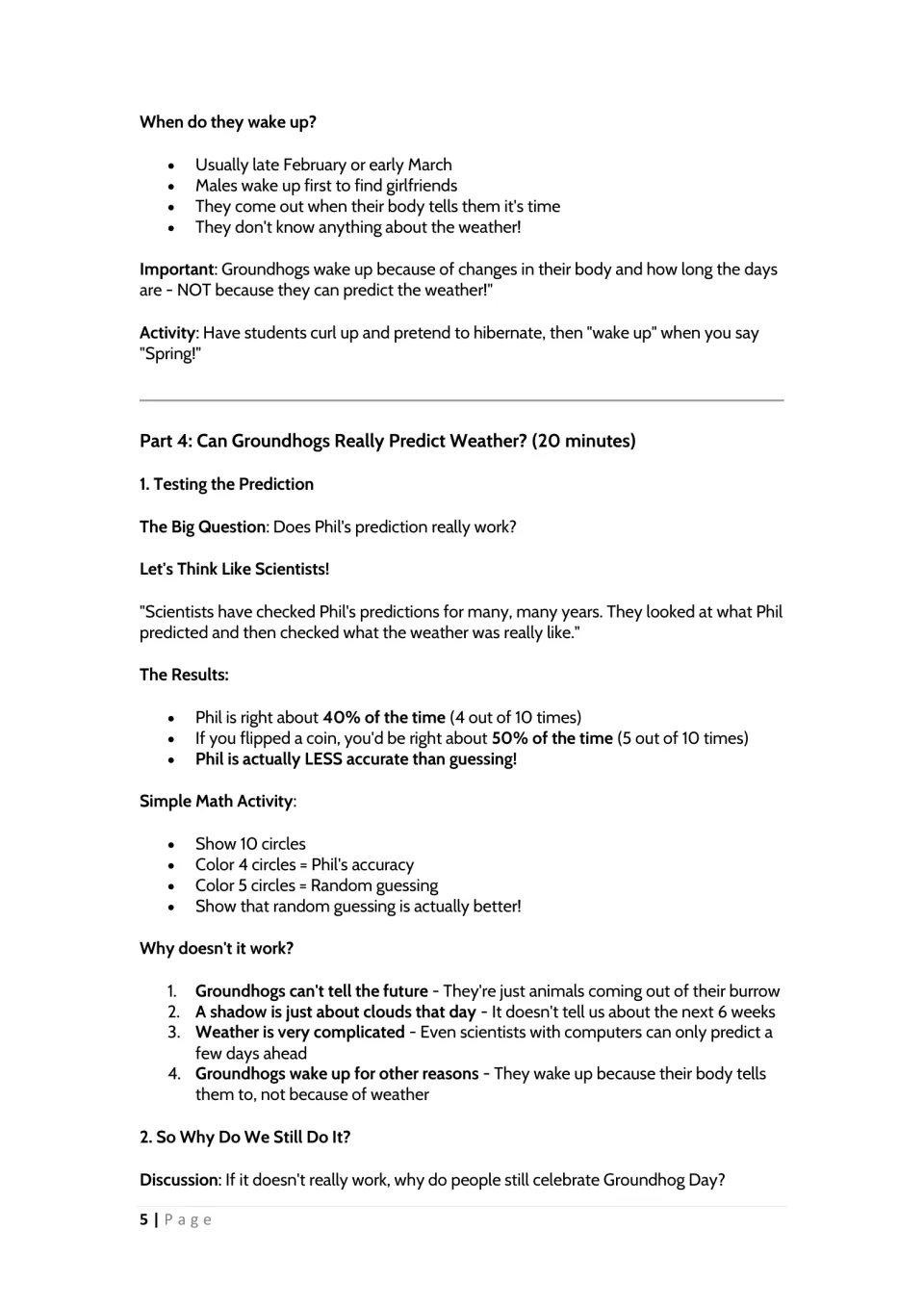 Lesson Part 4 compares Phil's stated 40% accuracy with 50% for coin flips and includes a circle-coloring task