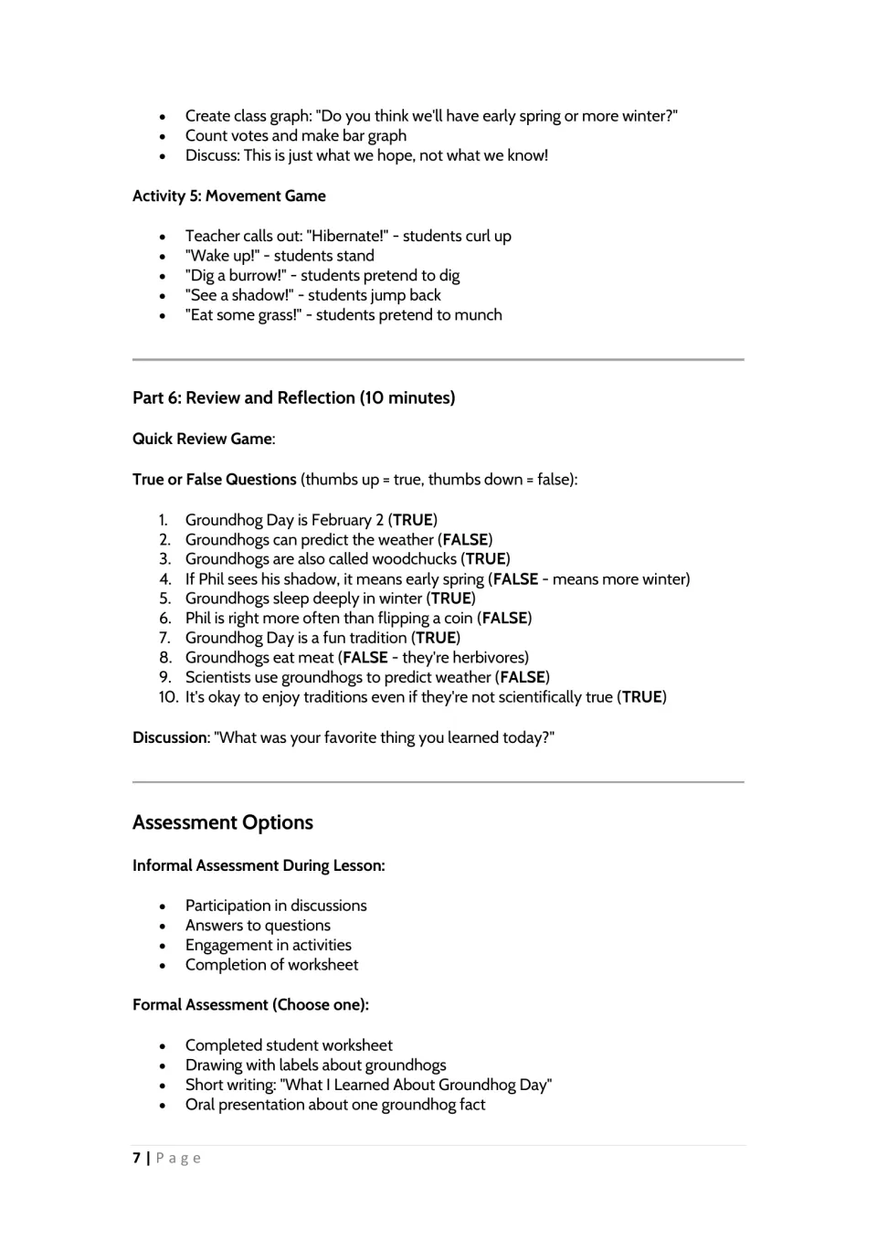 Lesson continues graphing and movement activities, then gives 10 true-or-false review questions and assessments