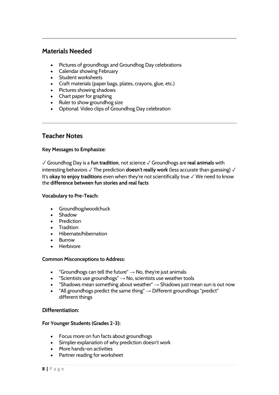 Teacher guide lists lesson materials, key messages, vocabulary, misconceptions, and adaptations for grades 2–3