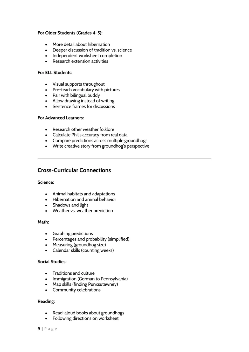 Teacher guide offers supports for grades 4–5, ELL students, and advanced learners, plus subject connections