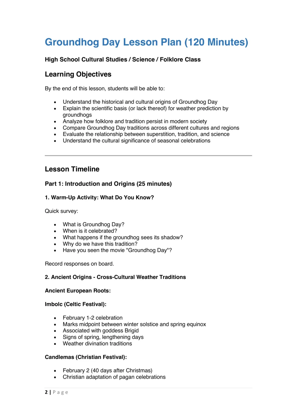 Lesson objectives and Part 1 introduction: warm-up questions, Imbolc origins, and Candlemas traditions