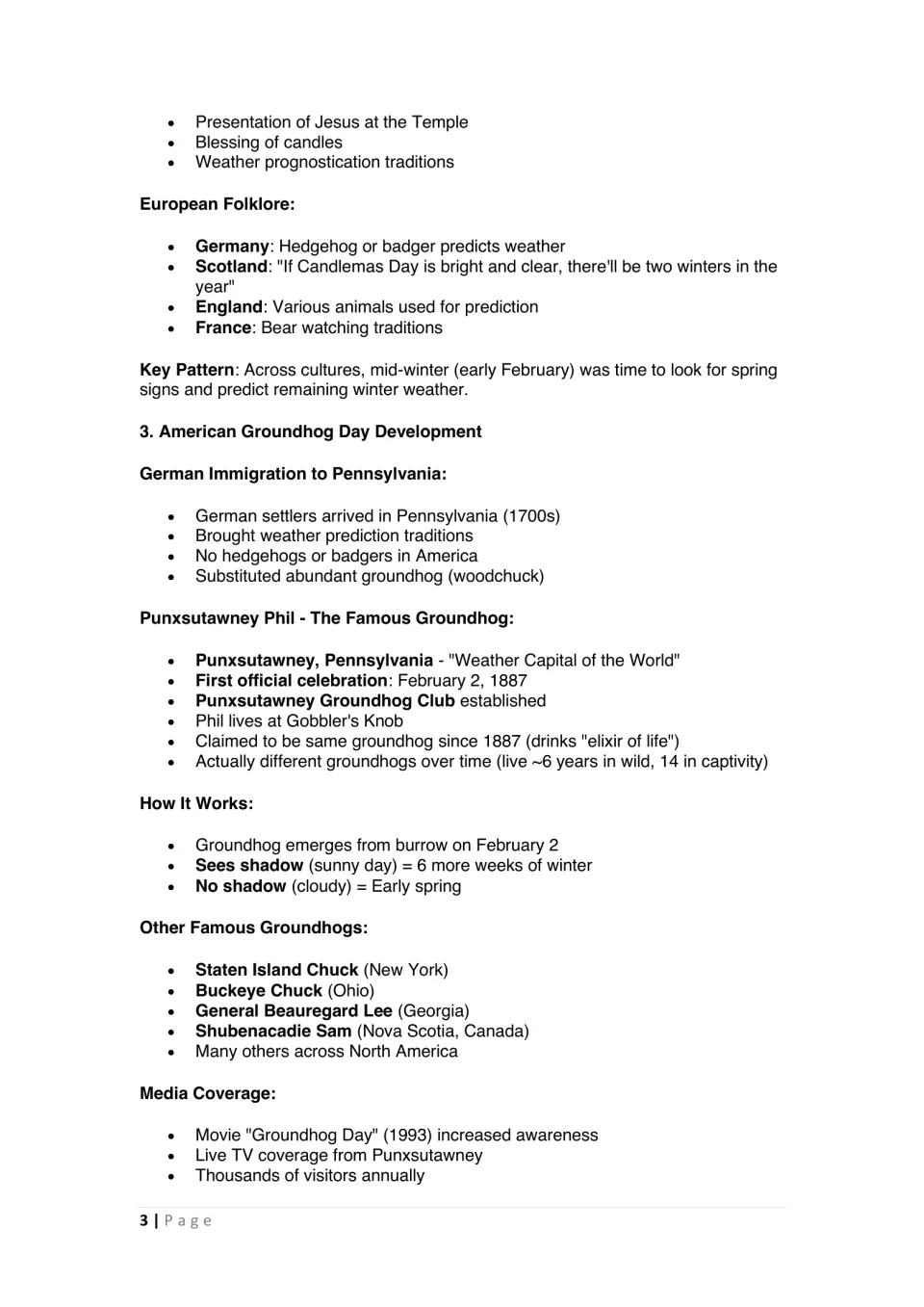 Part 1 lesson notes trace European weather folklore, Pennsylvania traditions, and Punxsutawney Phil