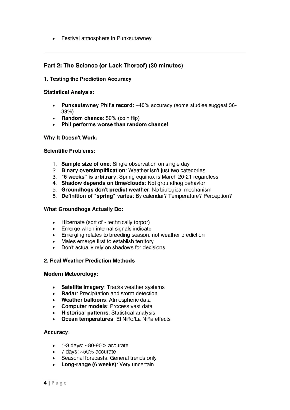 Part 2 lesson notes examine Phil's prediction accuracy, groundhog behavior, and modern weather forecasting
