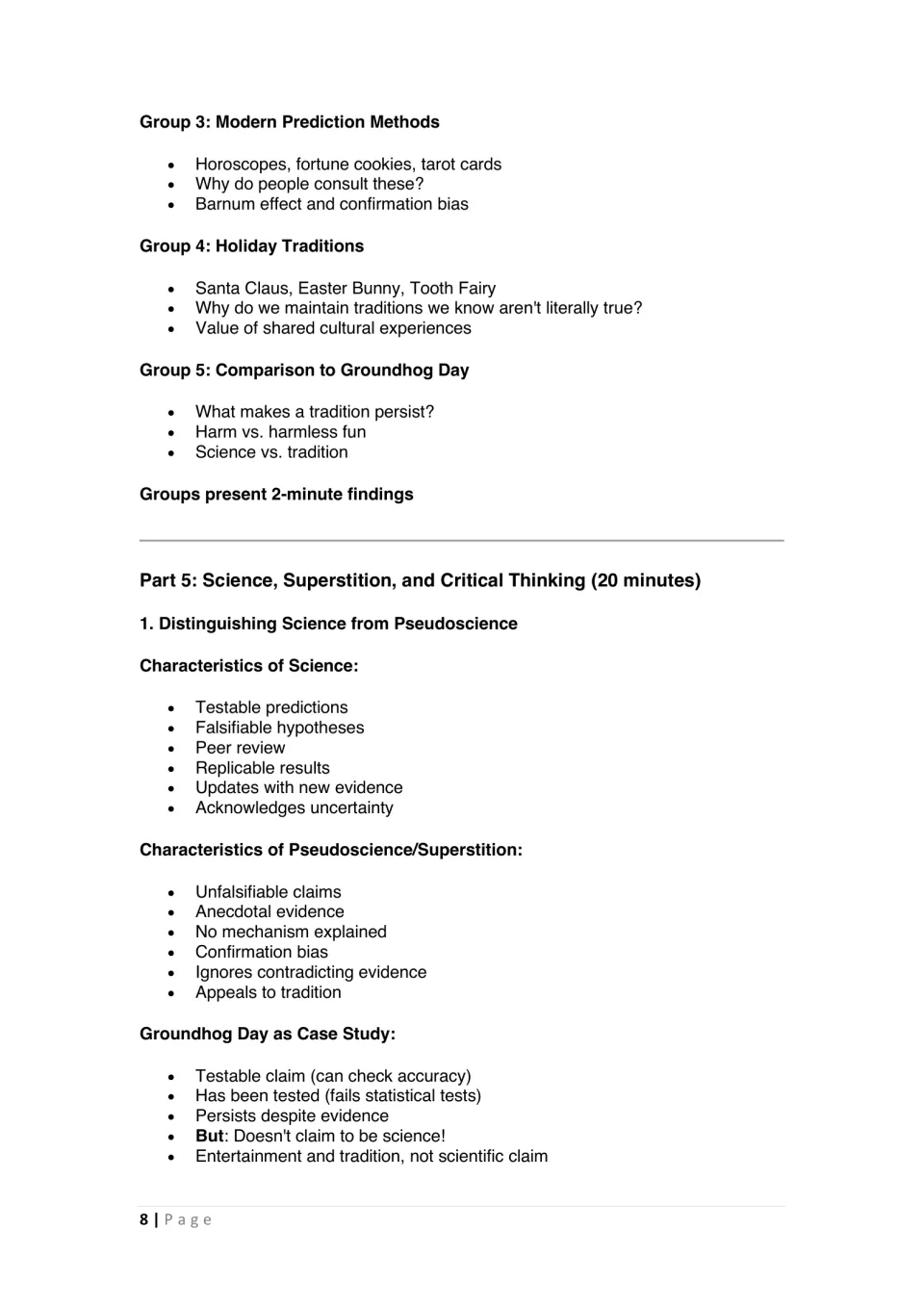 Group discussion prompts conclude Part 4; Part 5 compares science, pseudoscience, and Groundhog Day claims