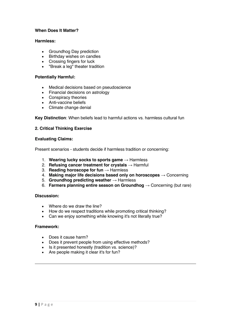 Part 5 critical thinking exercise presents six belief scenarios and questions for evaluating potential harm
