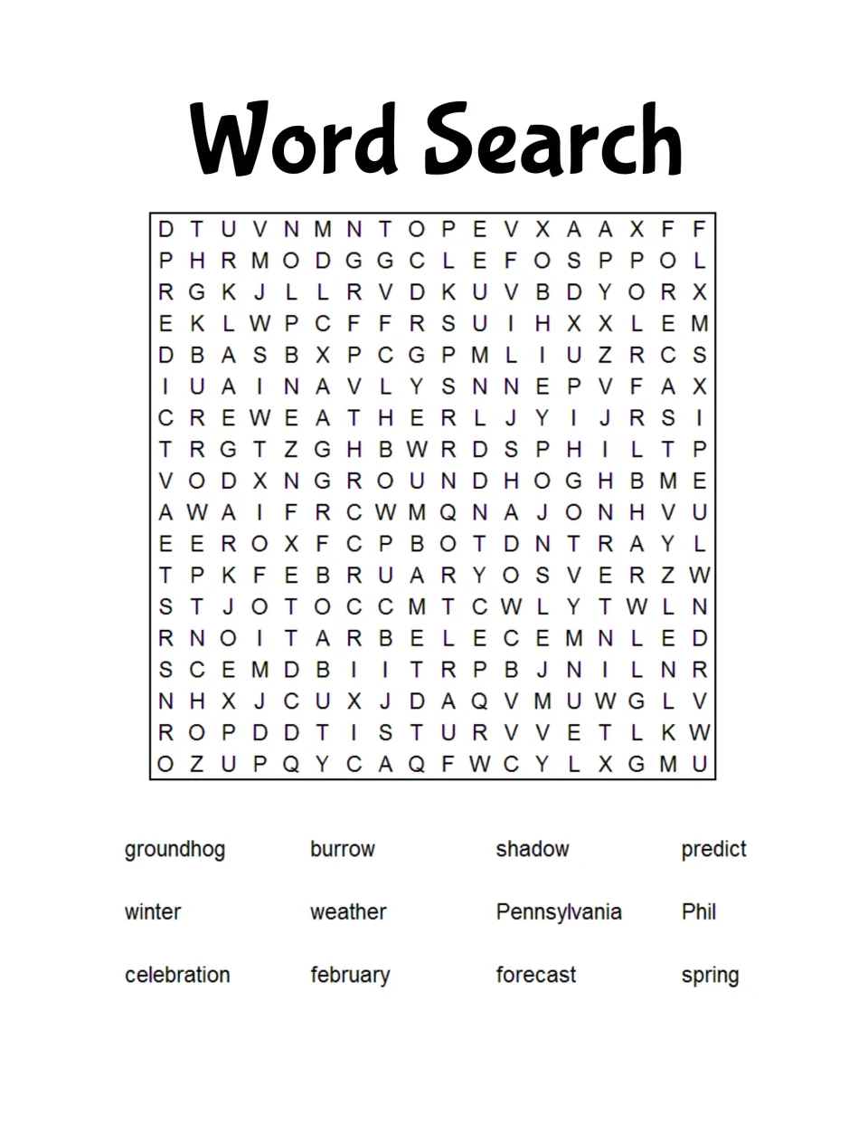 Groundhog Day word search: students find 12 words such as burrow, shadow, Pennsylvania, Phil, forecast and spring