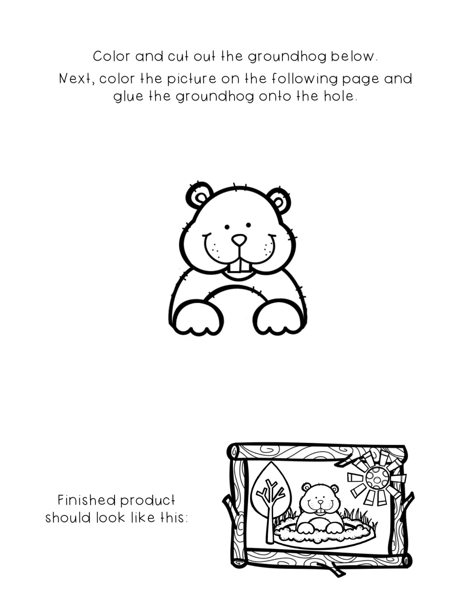 Groundhog craft cut-out piece: students color and cut out the groundhog, then glue it into the hole on the next page