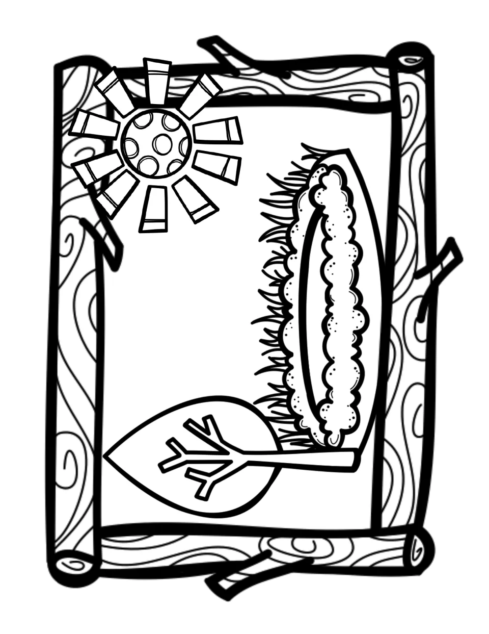 Craft background scene to color: a burrow hole in the grass, a tree and a sun inside a log frame, ready for the groundhog