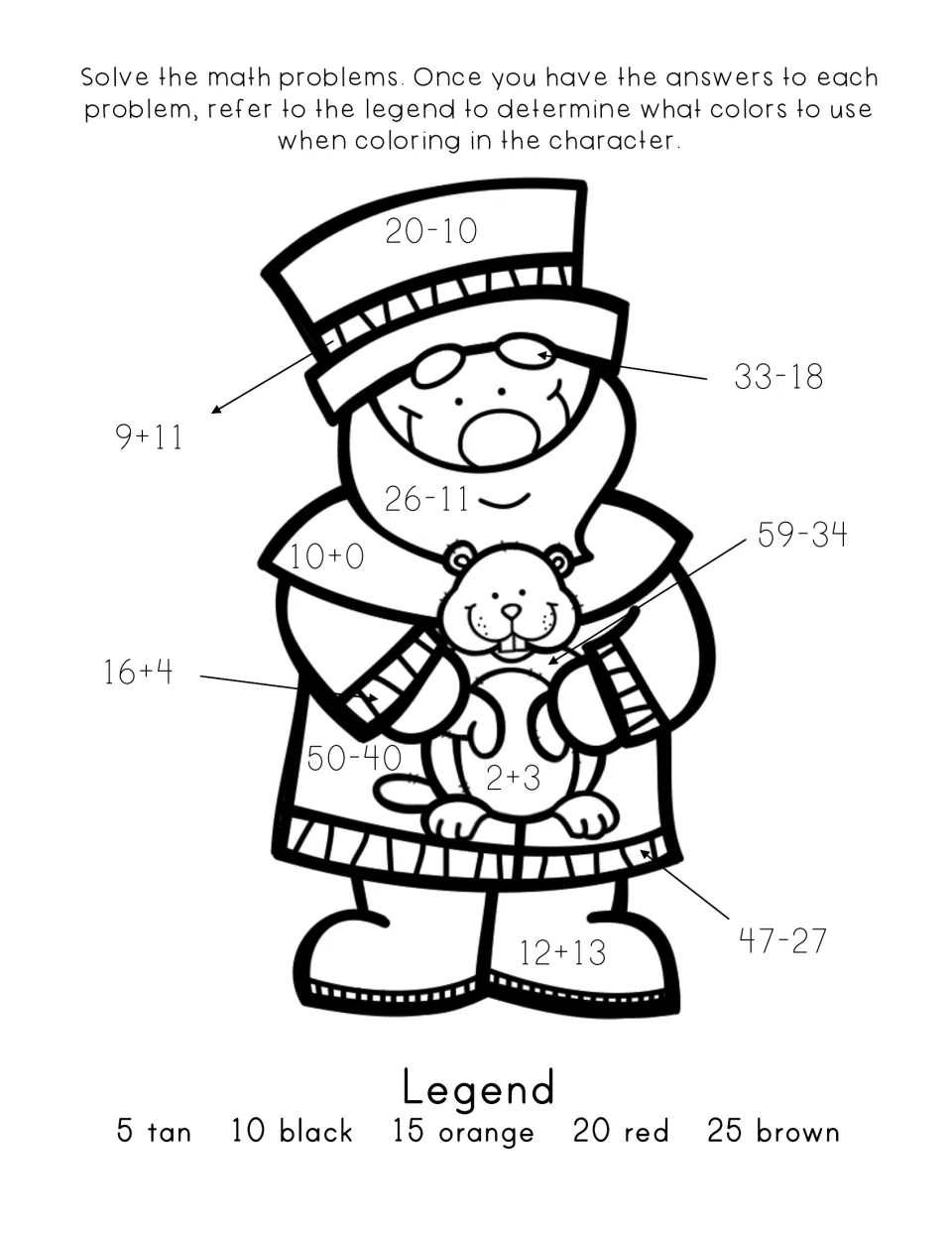Color by addition and subtraction: students solve problems like 20-10 and 59-34, then color a man holding a groundhog