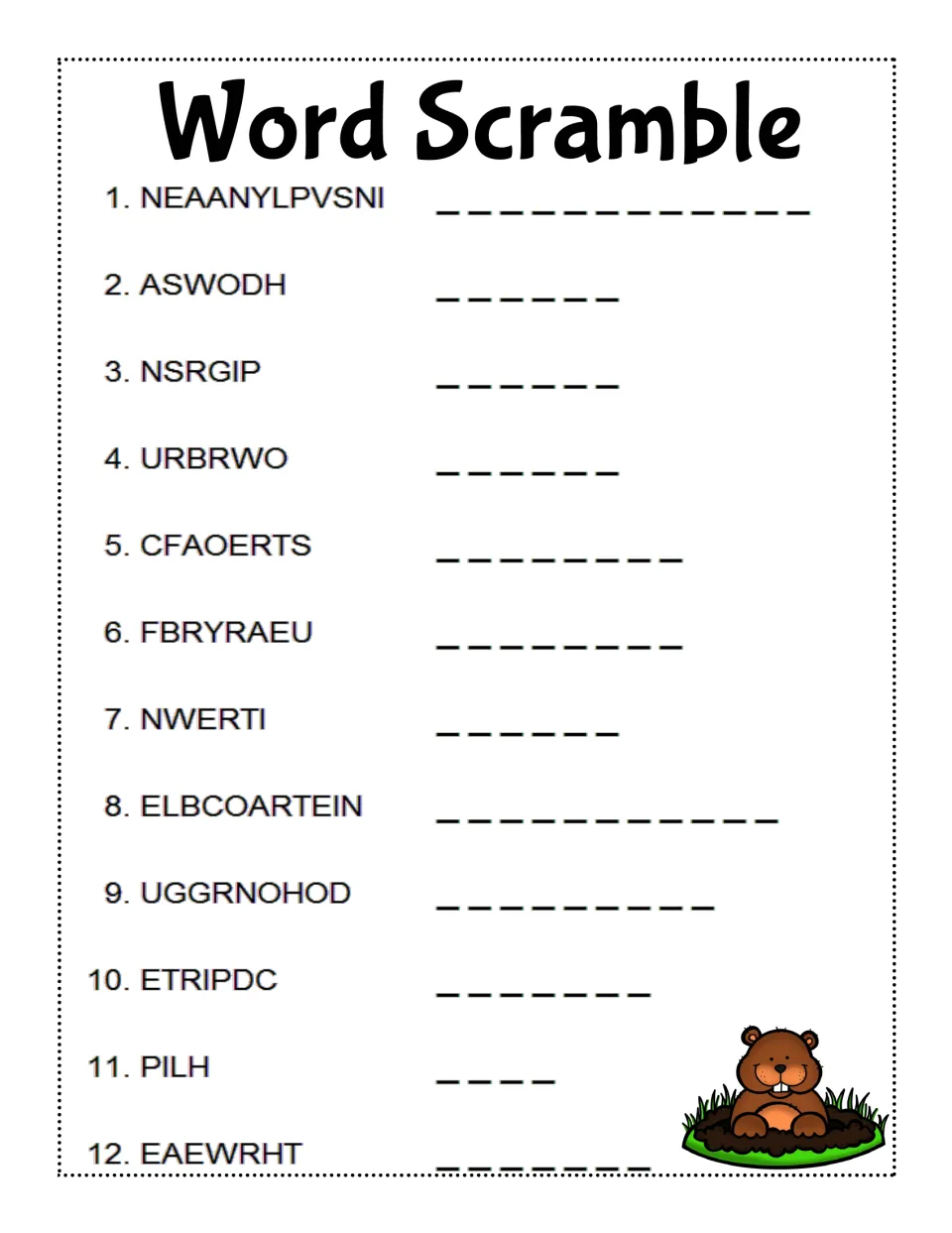 Word scramble: students unscramble 12 holiday words such as ASWODH, NSRGIP and UGGRNOHOD and write the answers