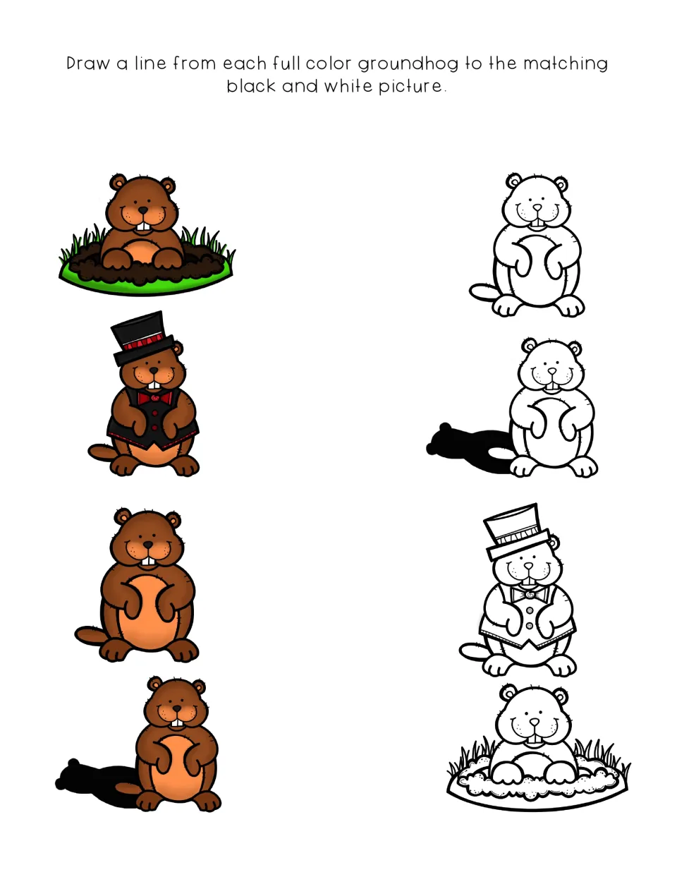 Visual matching: students draw a line from each of 4 full-color groundhogs to the same groundhog shown in black and white