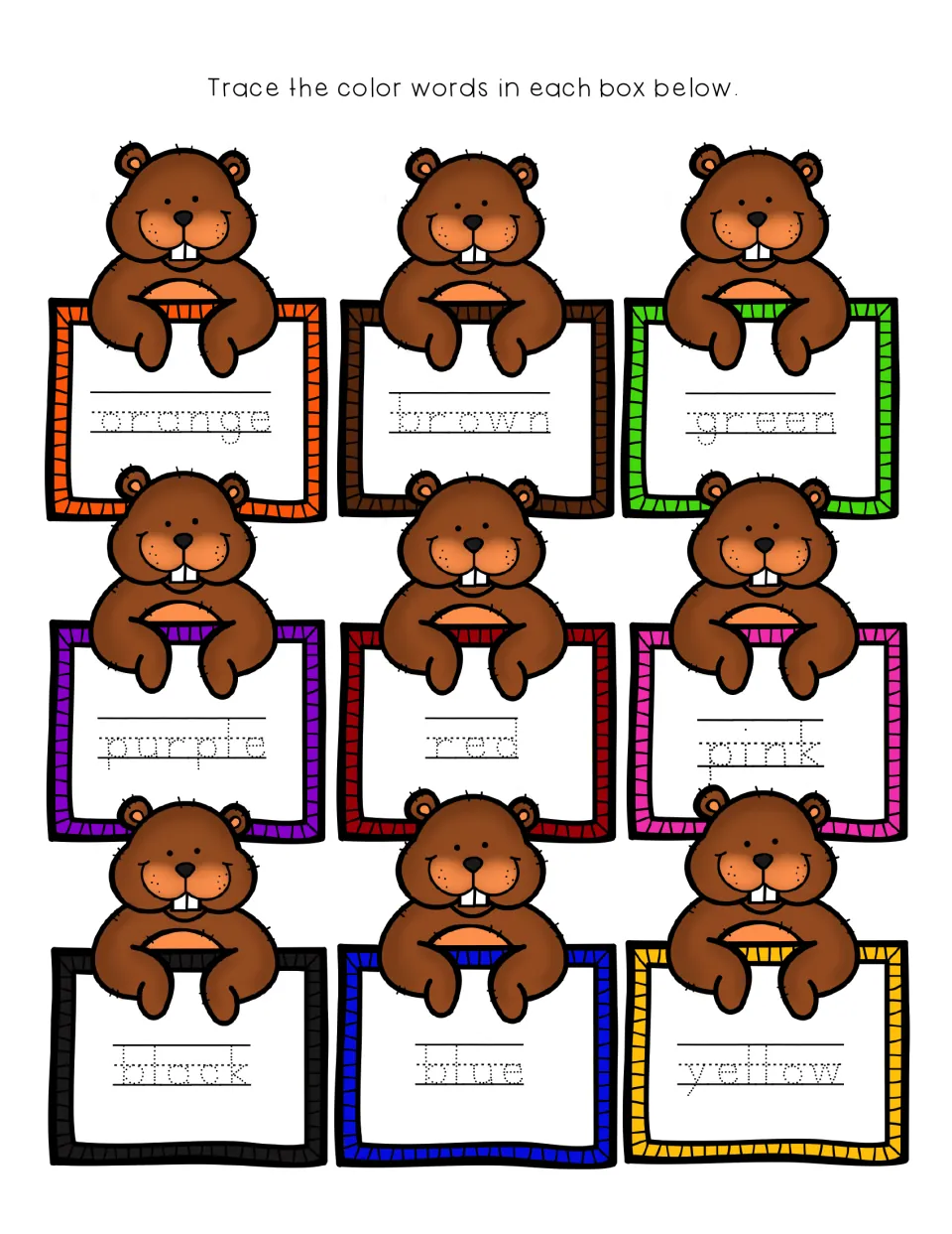 Color word tracing: students trace orange, brown, green, purple, red, pink, black, blue and yellow on groundhog signs