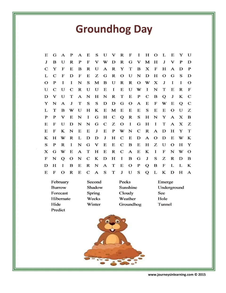 Groundhog vocabulary word search: students find 21 words such as burrow, shadow, forecast, hibernate and tunnel