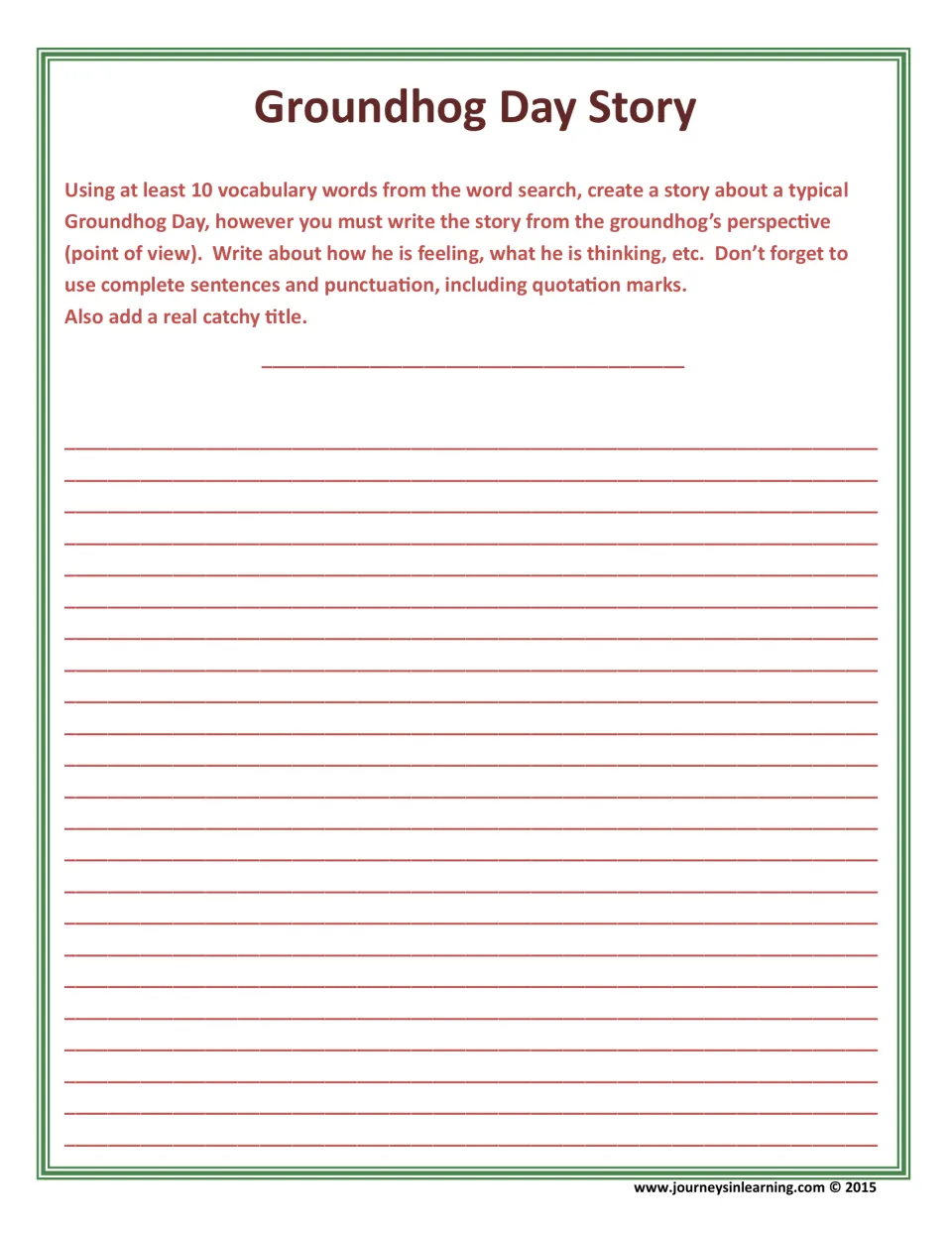 Groundhog Day story: students write a titled narrative from the groundhog's point of view using 10 word-search words