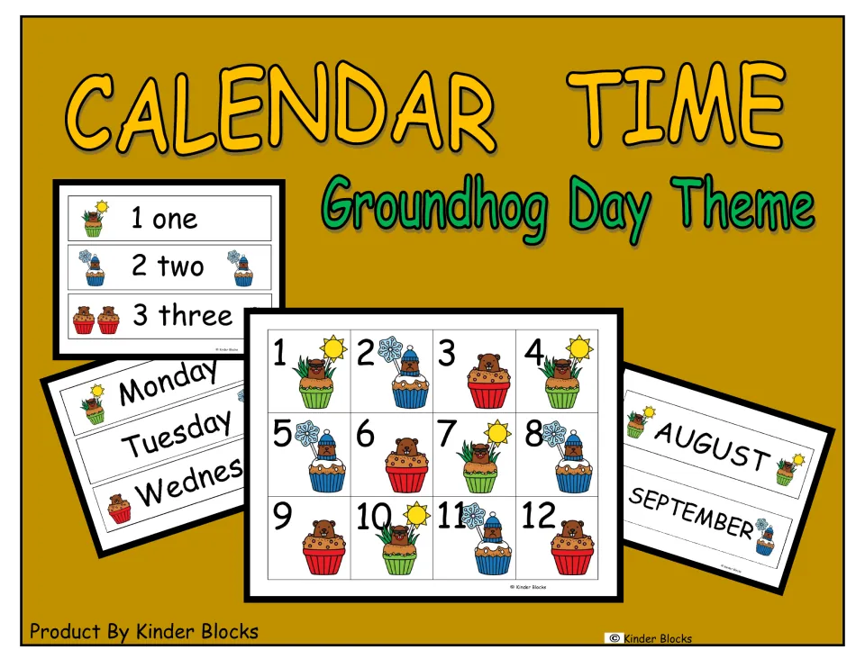 Calendar set cover labeled 'Calendar Time' and 'Groundhog Day Theme' with number, month, and weekday samples