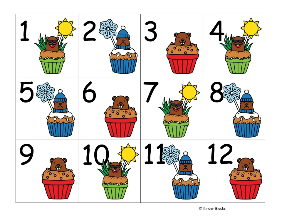 Calendar number cards 1–12 featuring a repeating sequence of sunny, snowy, and plain groundhog cupcakes