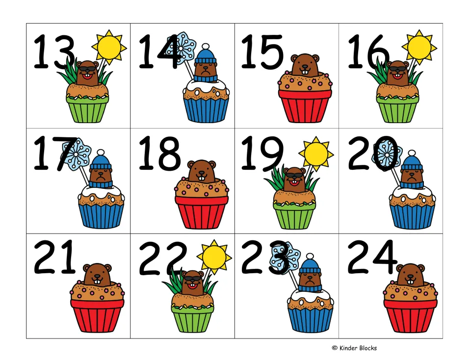 Calendar number cards 13–24 continuing the repeating sunny, snowy, and plain groundhog cupcake sequence