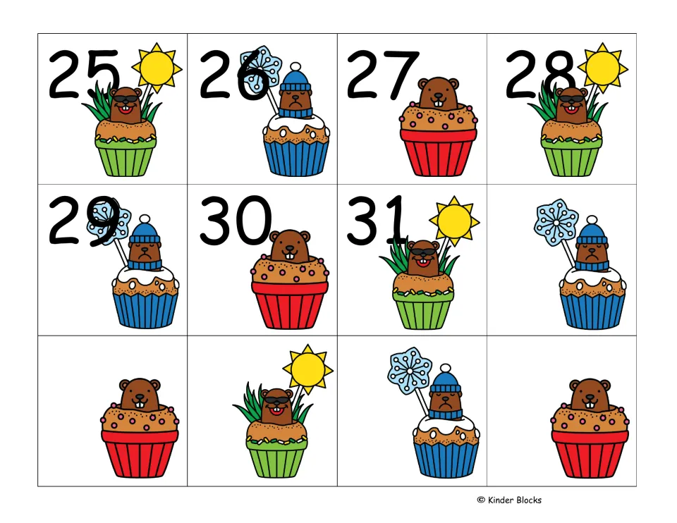 Calendar cards 25–31 and five unnumbered picture cards complete the sheets of groundhog cupcake designs