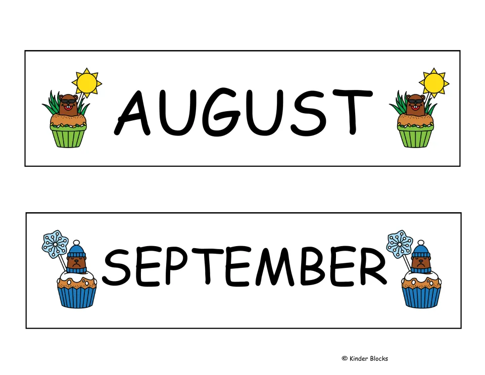 August and September month labels from the Groundhog Day calendar set, the first two of 12 month labels
