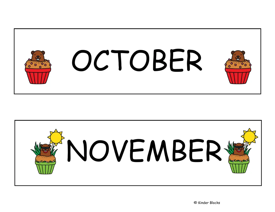 October and November month labels from the Groundhog Day calendar set, continuing the 12-month sequence
