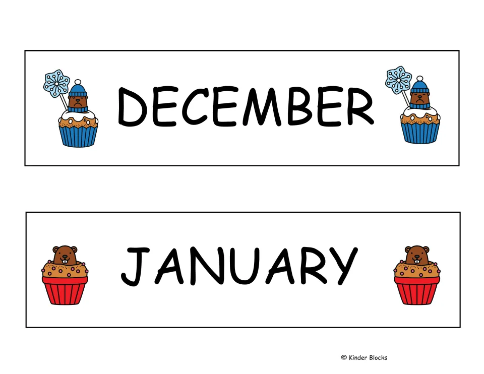 December and January month labels from the Groundhog Day calendar set, continuing the 12-month sequence