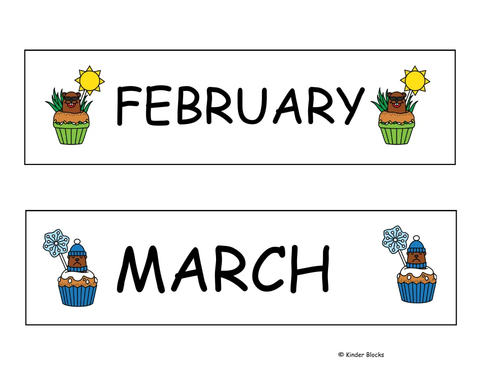 February and March month labels from the Groundhog Day calendar set, continuing the 12-month sequence