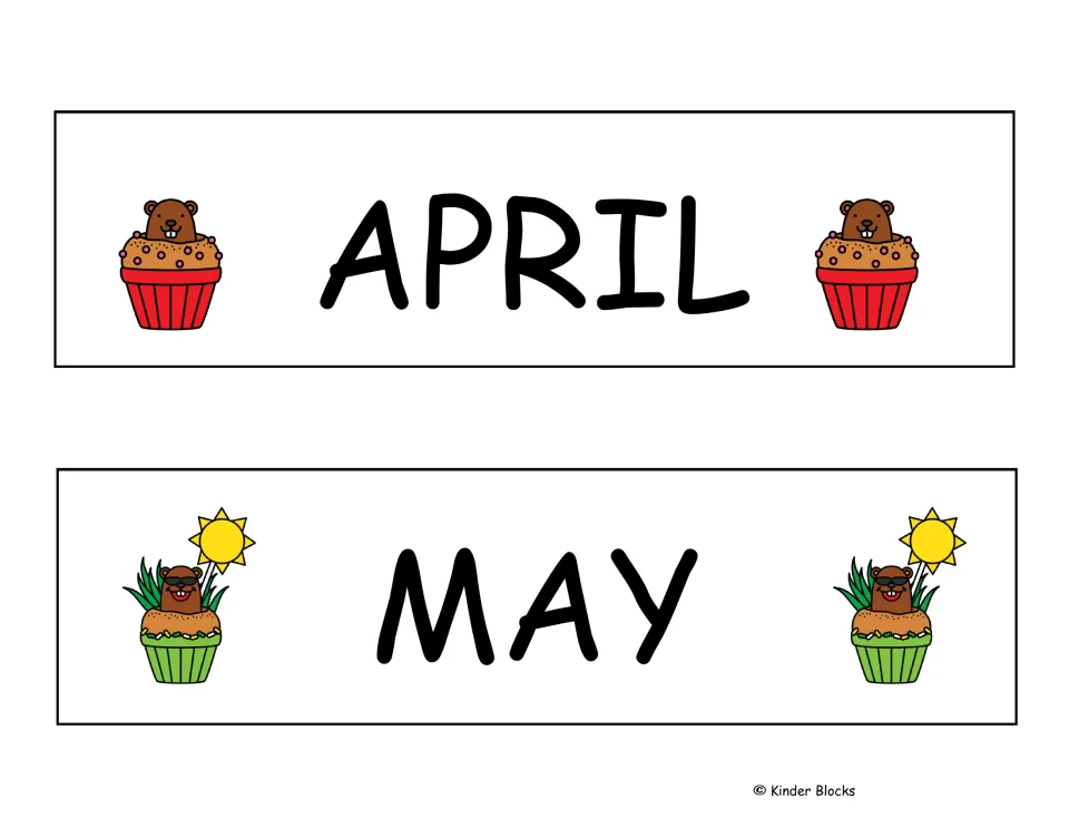 April and May month labels from the Groundhog Day calendar set, the fifth pair in the 12-month sequence