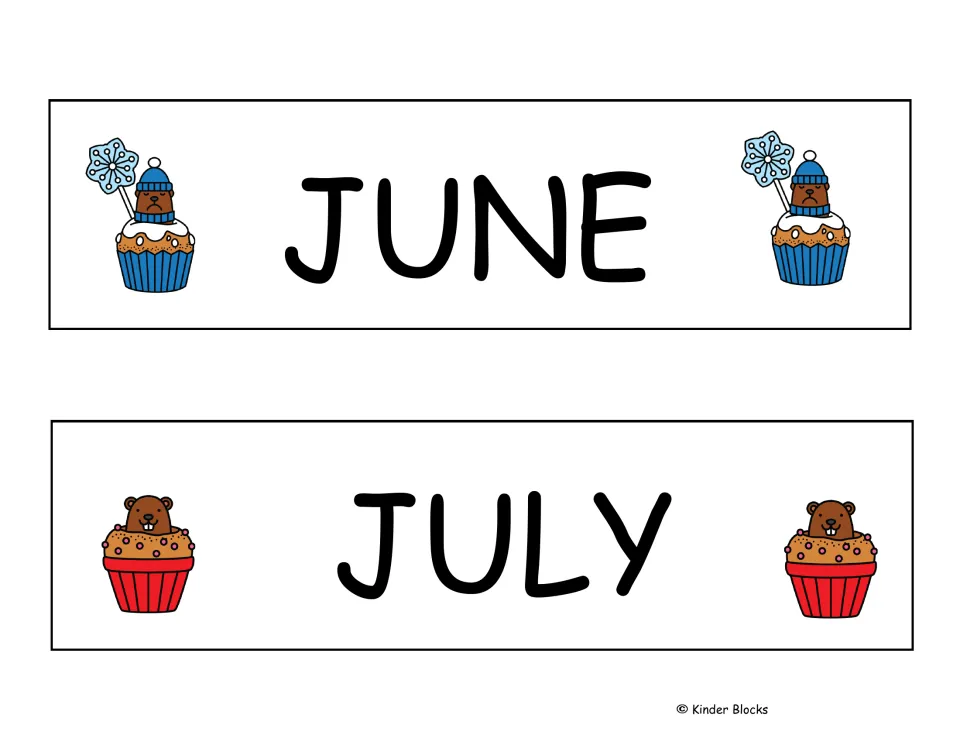 June and July month labels from the Groundhog Day calendar set, completing the collection of 12 months