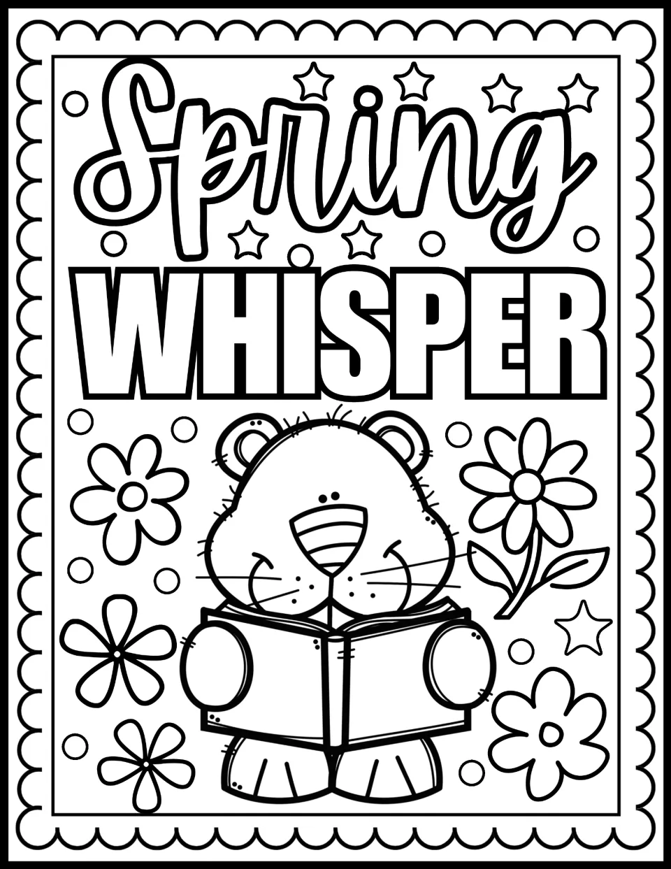 Spring Whisper coloring page: students color a groundhog reading an open book, surrounded by daisies, stars and dots