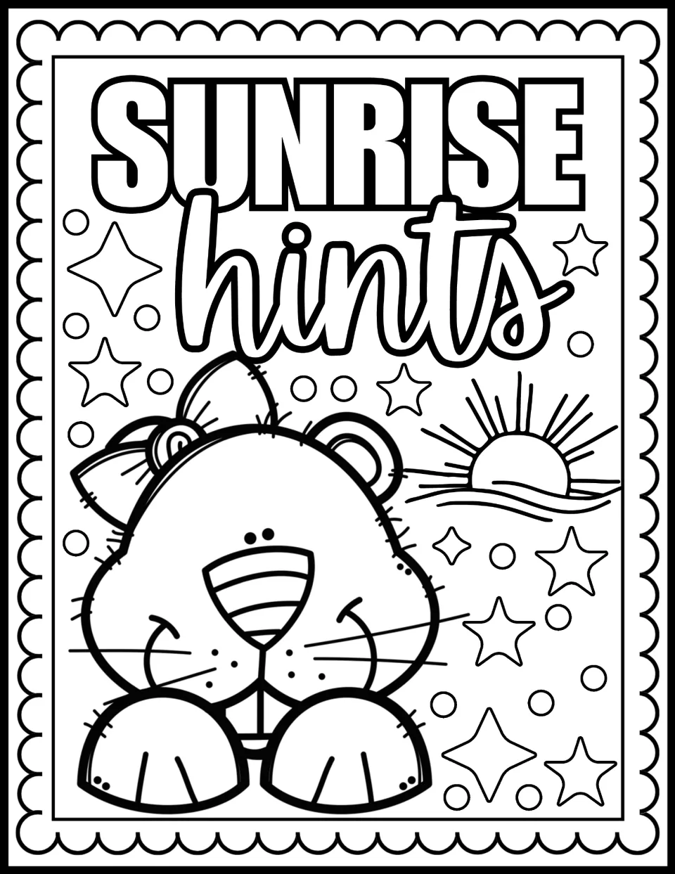 Sunrise Hints coloring page: students color a groundhog wearing a bow, peeking up at a rising sun with stars around it