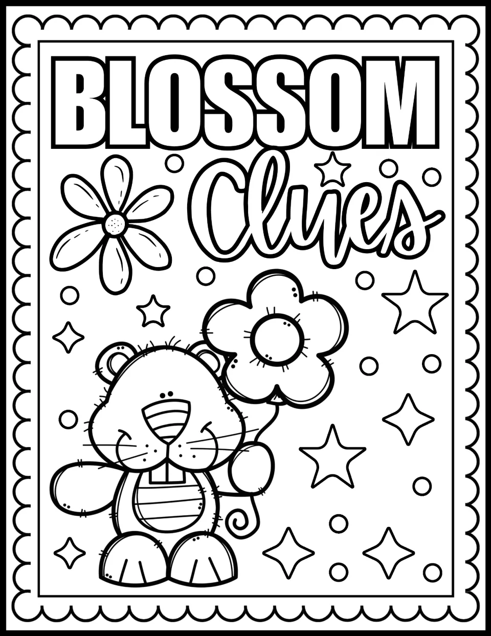 Blossom Clues coloring page: students color a groundhog holding a flower on a stem, with a daisy, stars and sparkles