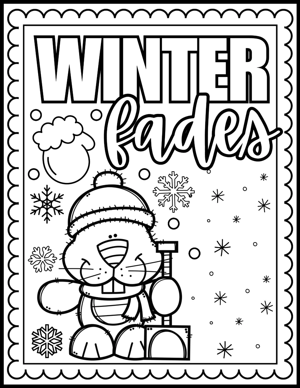 Winter Fades coloring page: students color a groundhog in a hat and scarf holding a shovel, with a mitten and snowflakes