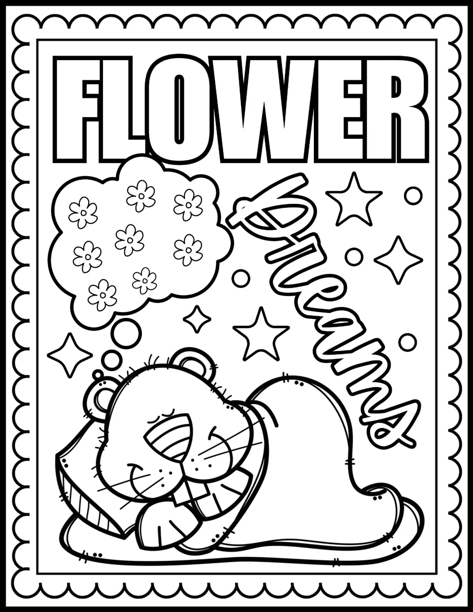 Flower Dreams coloring page: students color a sleeping groundhog on a pillow with a thought cloud full of small flowers