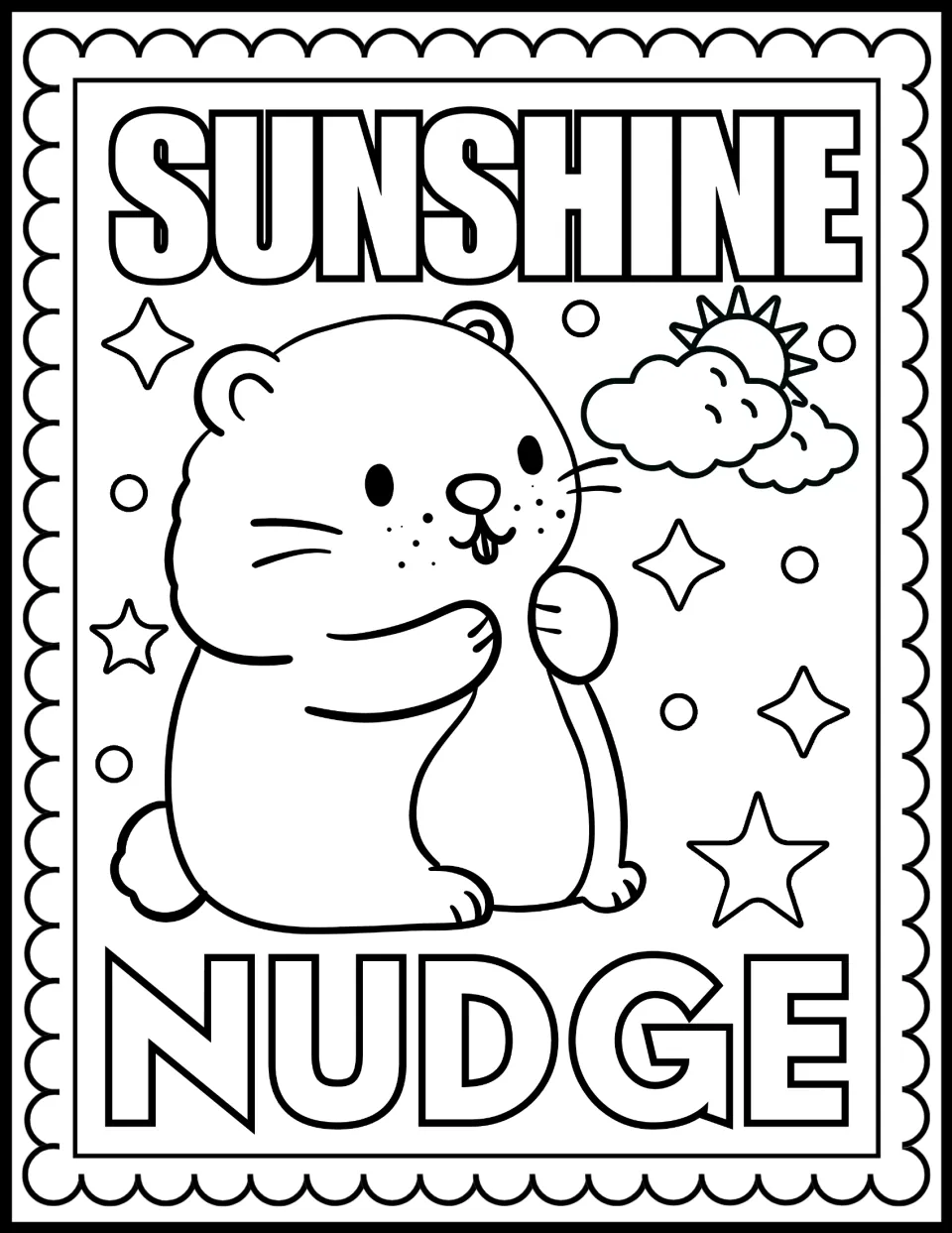 Sunshine Nudge coloring page: students color a chubby cartoon groundhog with a sun peeking from behind clouds, plus stars