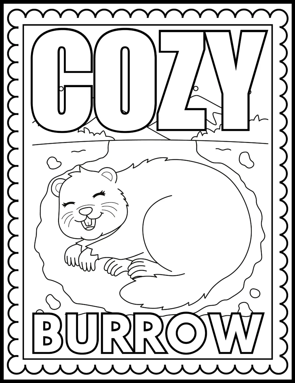 Cozy Burrow coloring page: students color a smiling groundhog curled up resting in an underground den below the grass