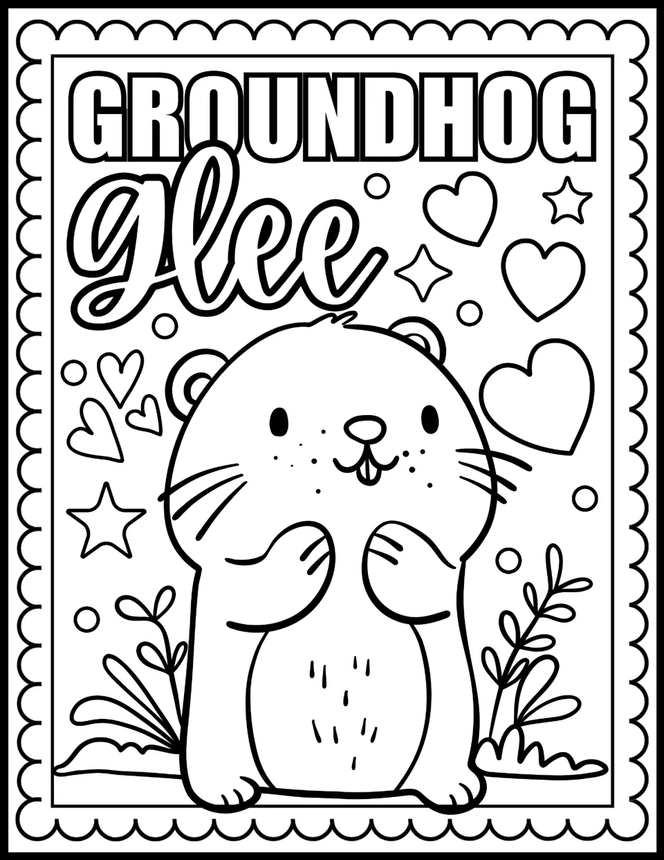 Groundhog Glee coloring page: students color a happy groundhog standing among hearts, stars, sparkles and leafy plants