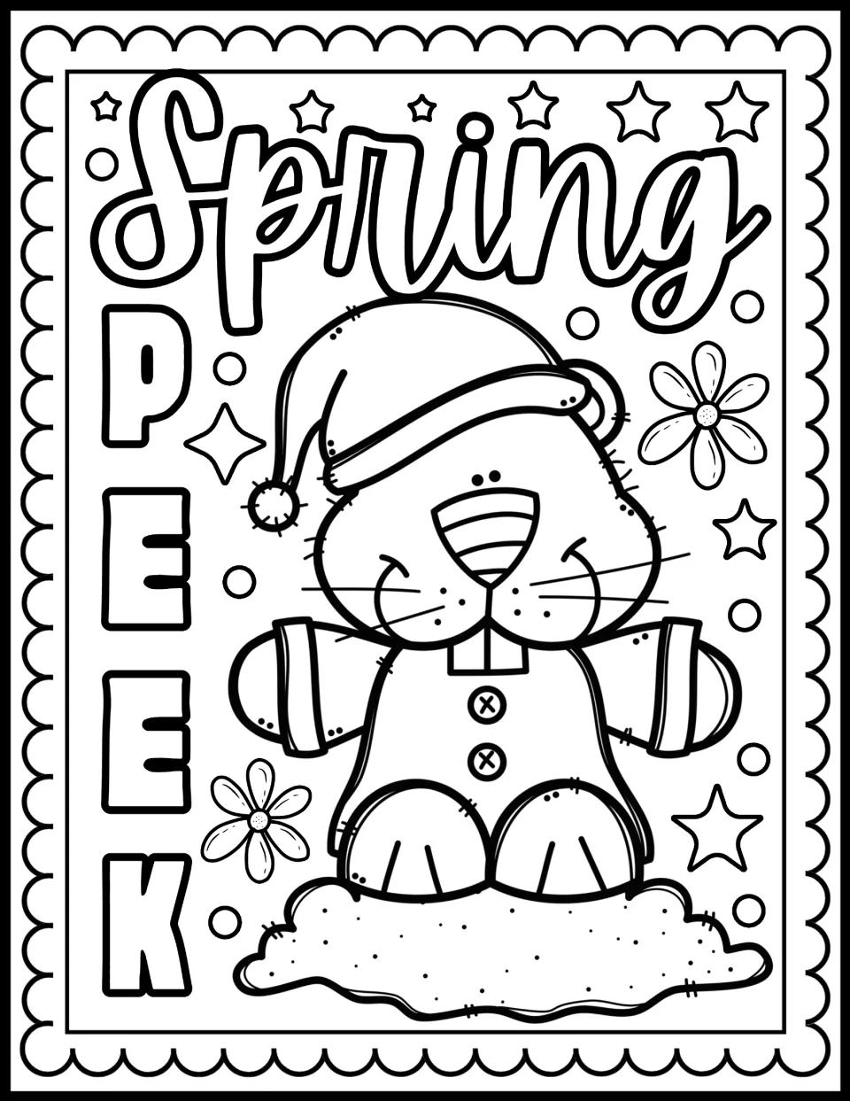 Spring Peek coloring page: students color a groundhog in a nightcap popping out of a dirt mound, with daisies and stars