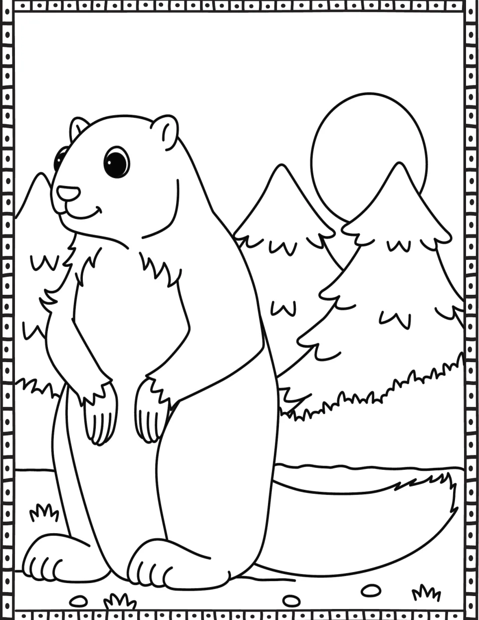 Coloring page in the seasonal set showing an upright woodland animal beside evergreen trees and a sun